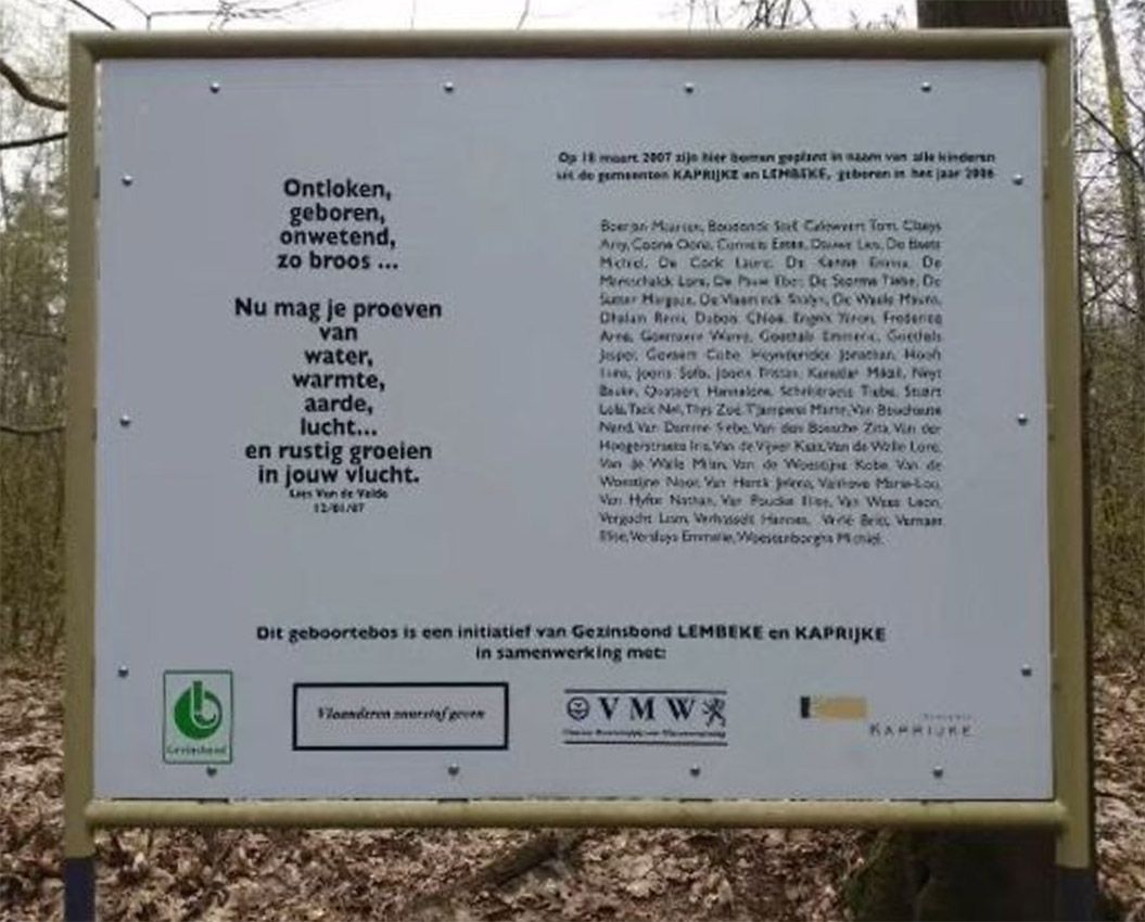 Gedicht van Lies Van de Velde in het geboortebos van Kaprijke en Lembeke